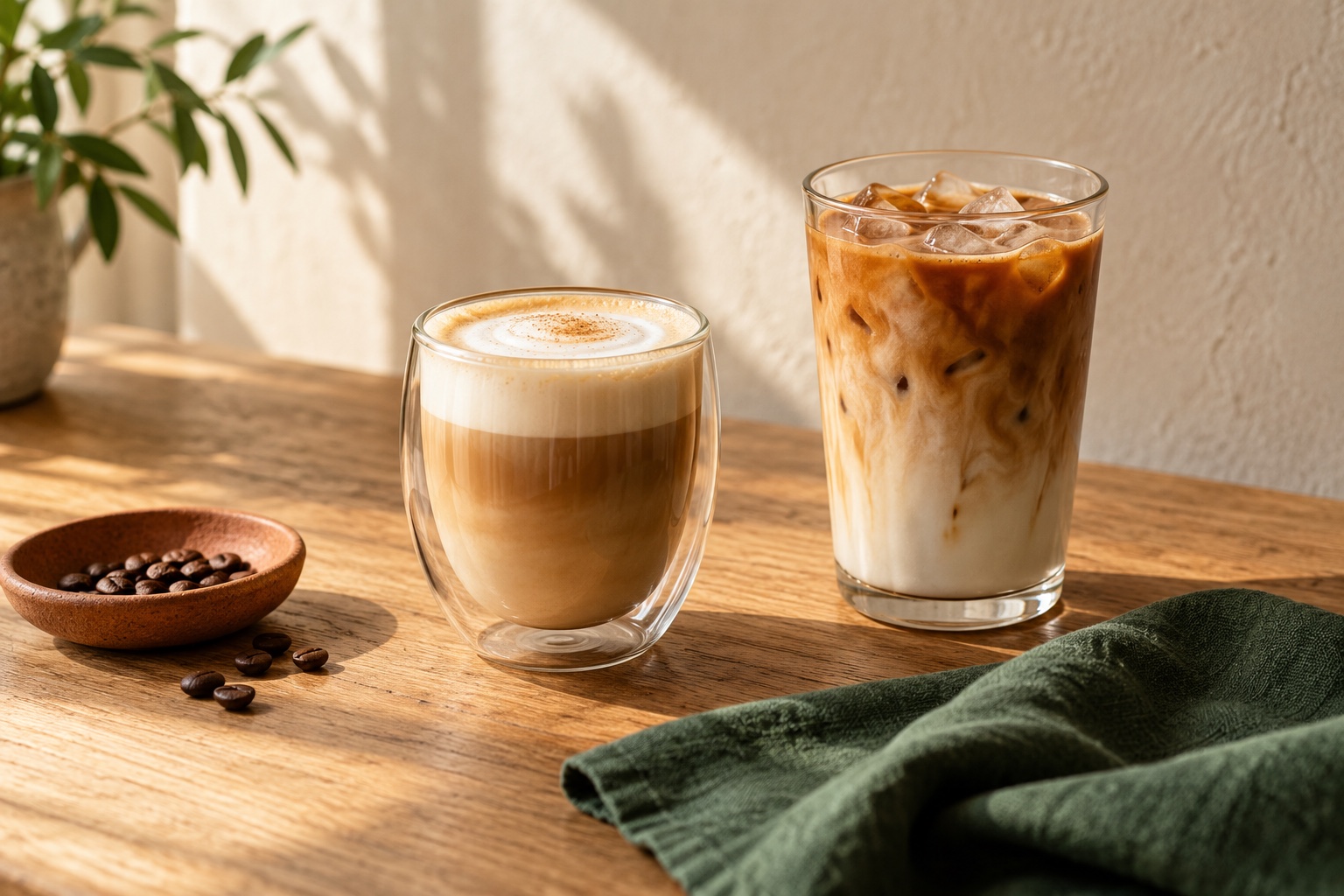 Hot and iced lattes in clear glasses on a sunlit oak table